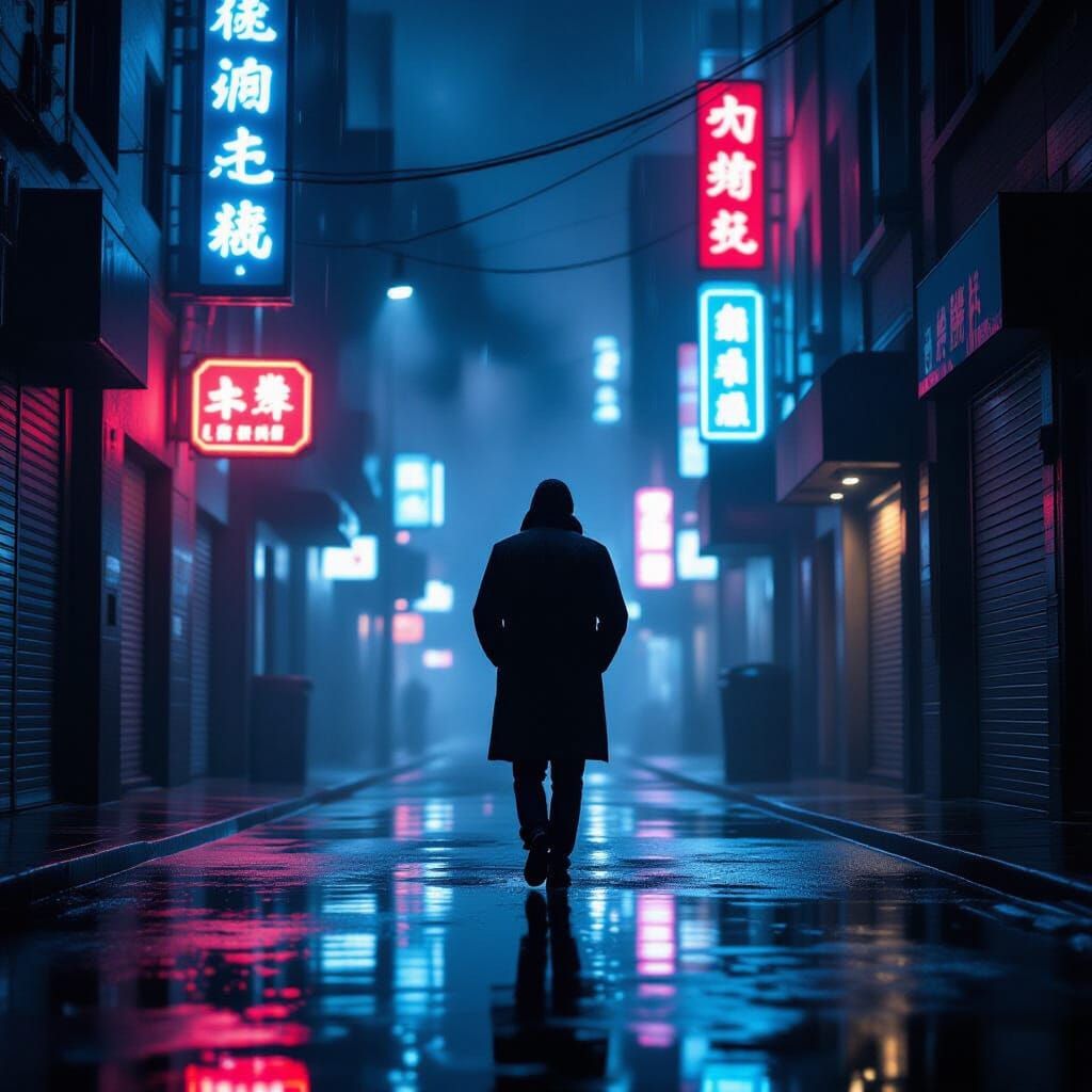 Rainy Night Alley: Man Walks Through Neon Reflections