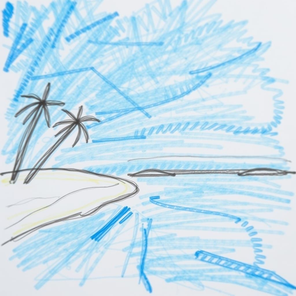 Vibrant Abstract Child's Drawing of a Tropical Beach