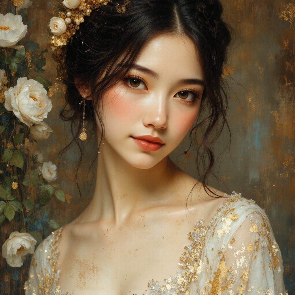 Elegant Asian Goddess Portrait in Divine Oil Painting Style