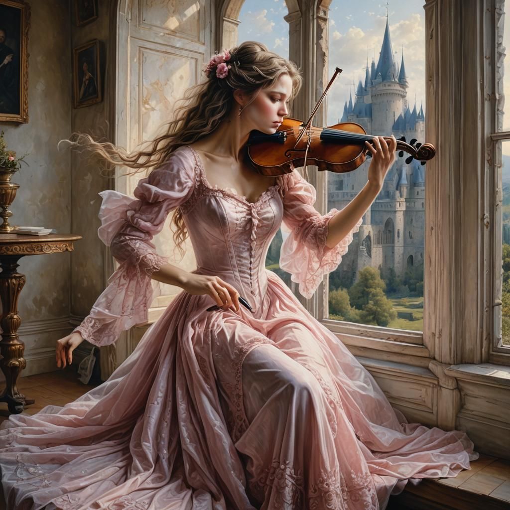 Edwardian Woman Playing Violin: Hyperrealistic Digital Paint...