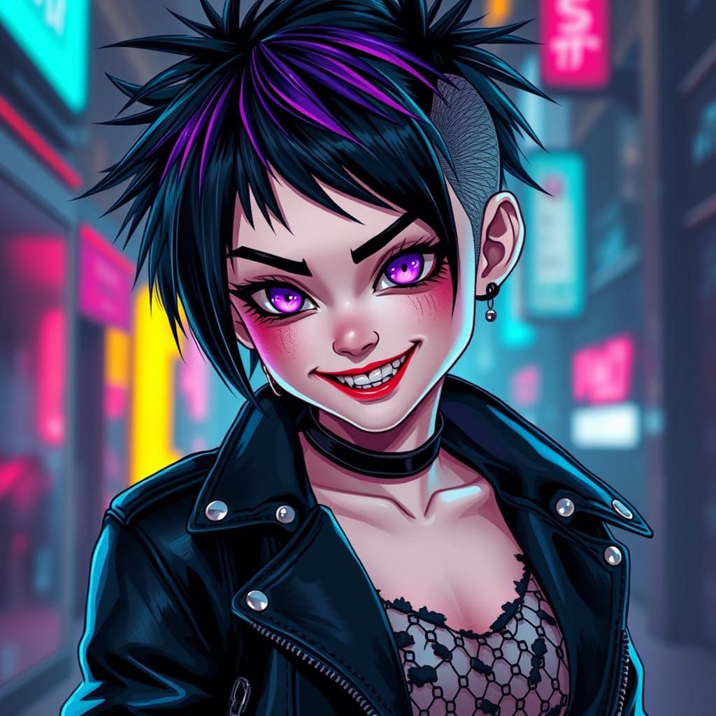 Gritty Cyberpunk Goddess with Neon Hues and Dark Edges