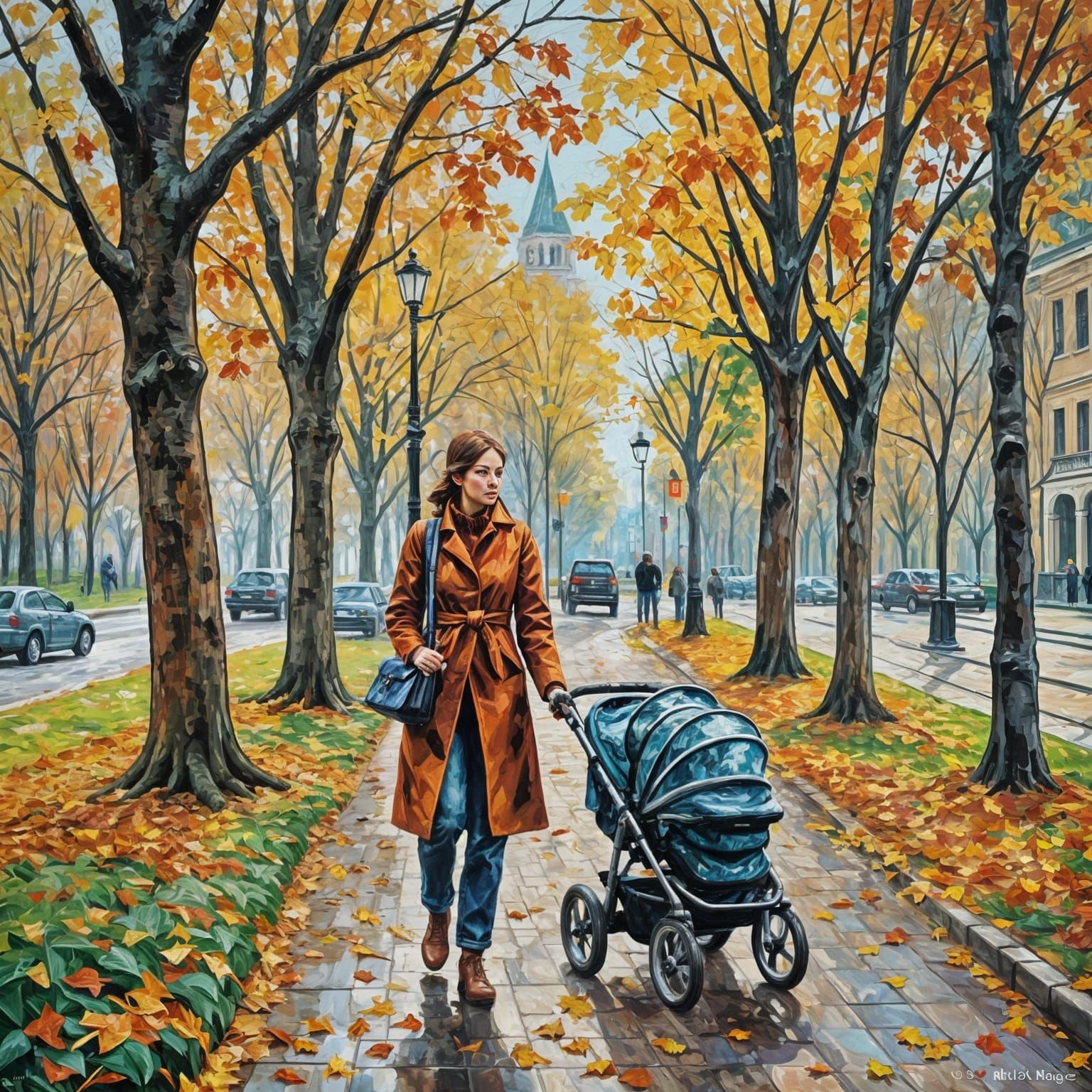 Autumn Mother and Newborn Stroller Stroll: Impasto Painting
