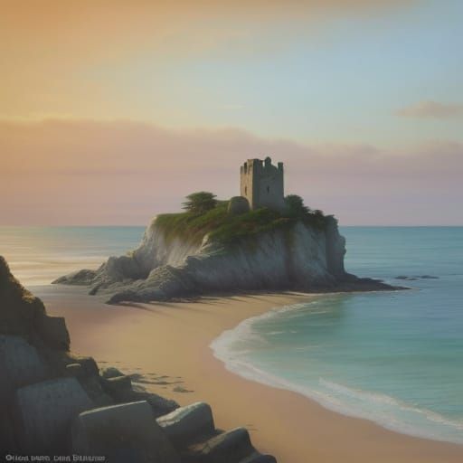 Romantic Seaside Ruin in Golden Light