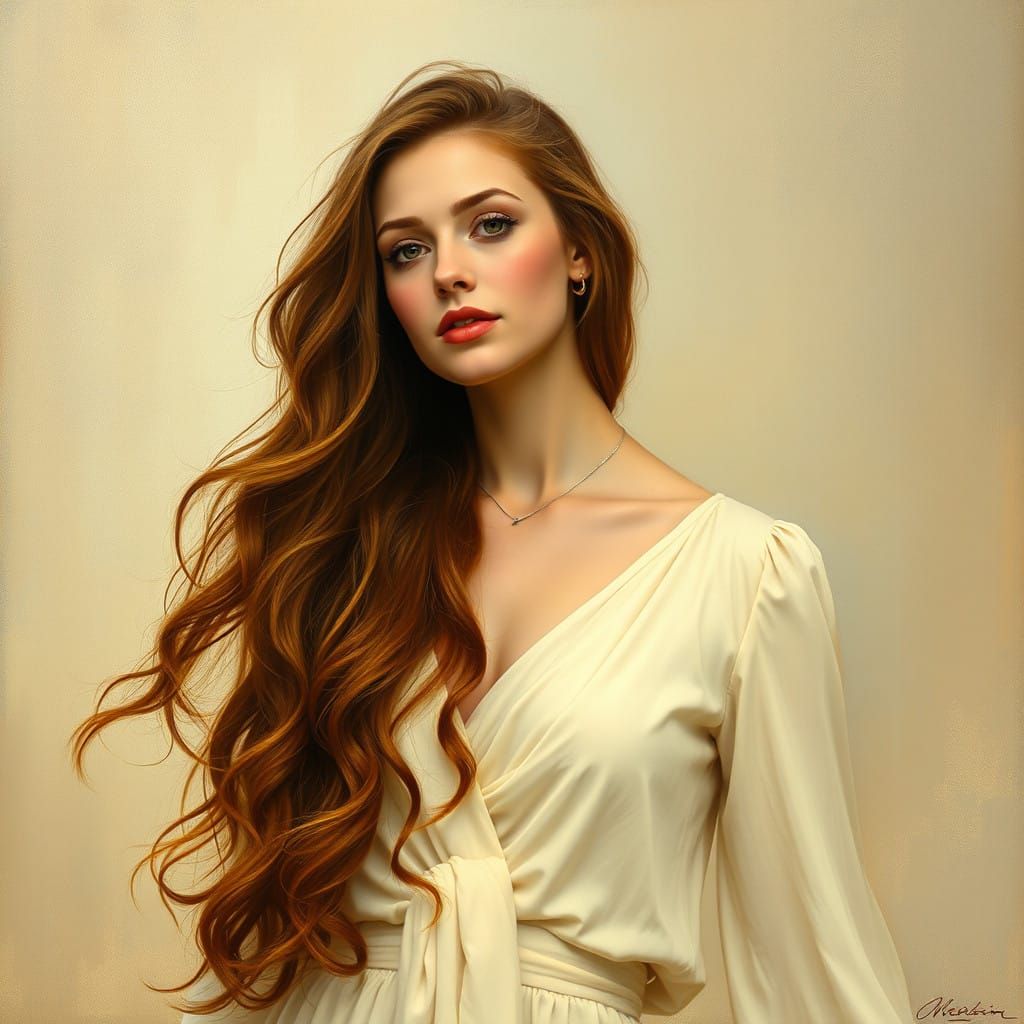 Woman in Cream Colored Shift with Long Auburn Hair in Impres...
