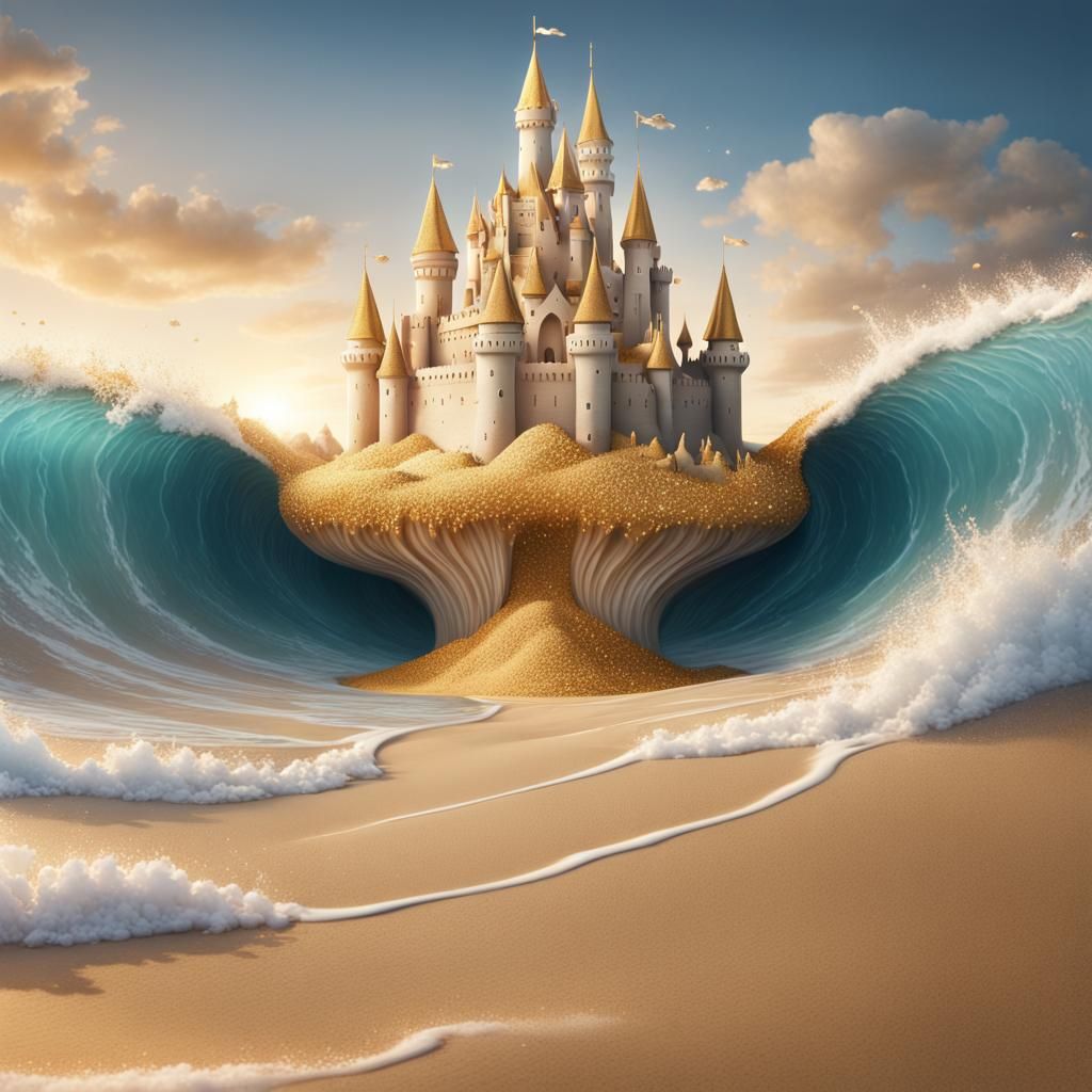 Surreal Gold Sand Castle with Diamond Moat