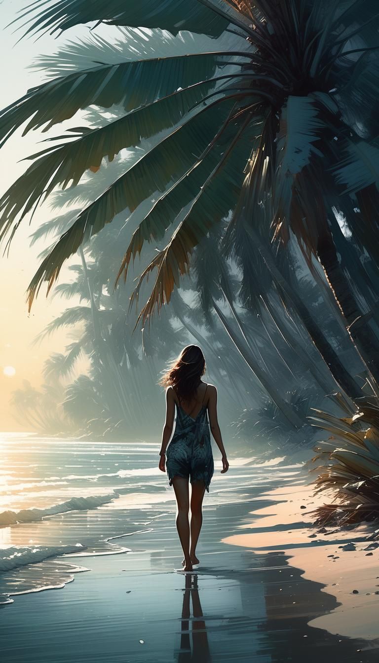 Girl Walking on Beach Shore at Sunrise