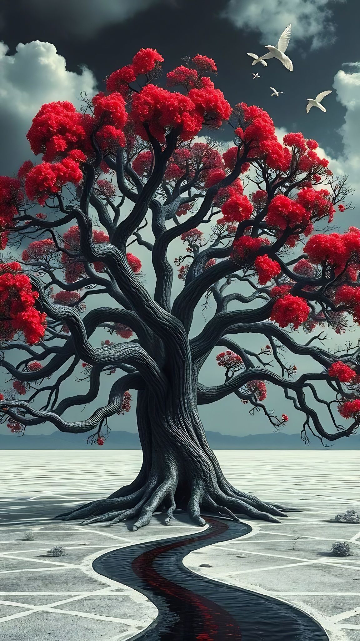 Surrealist Desert Tree with Glass Branches and Human Faces