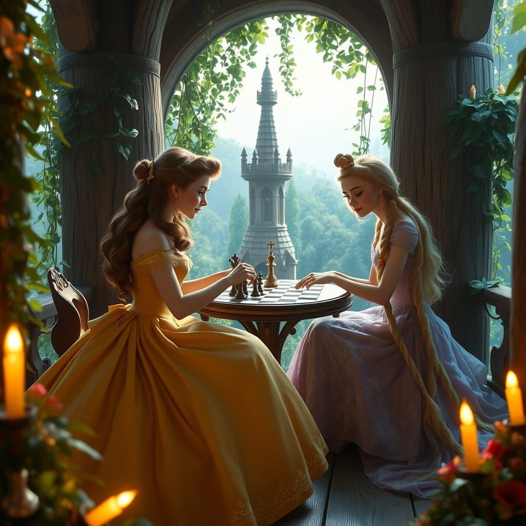Belle and Rapunzel Play Chess in Dreamy Tower