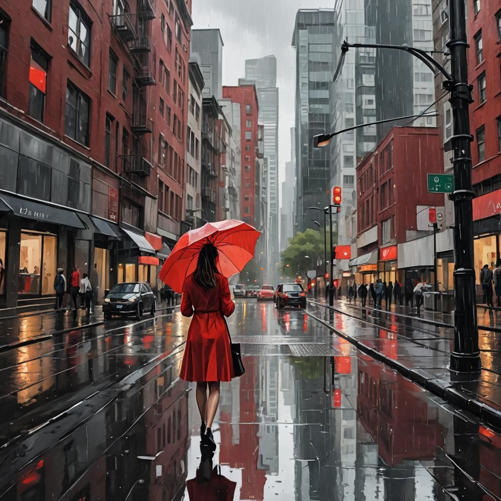 Rainy Cityscape Reflection of Girl in Red Dress