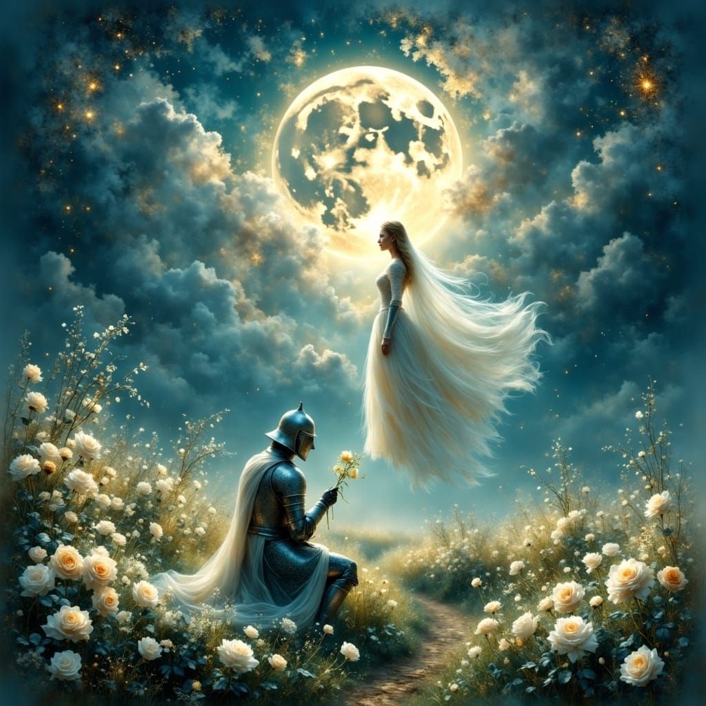 Silver Knight Offers Moon Goddess a White Rose in a Dreamlik...
