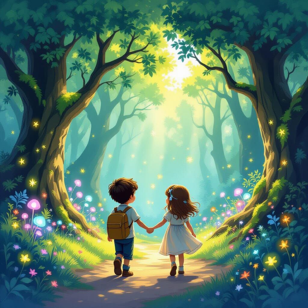 Children Explore Enchanted Sun-Dappled Magical Forest