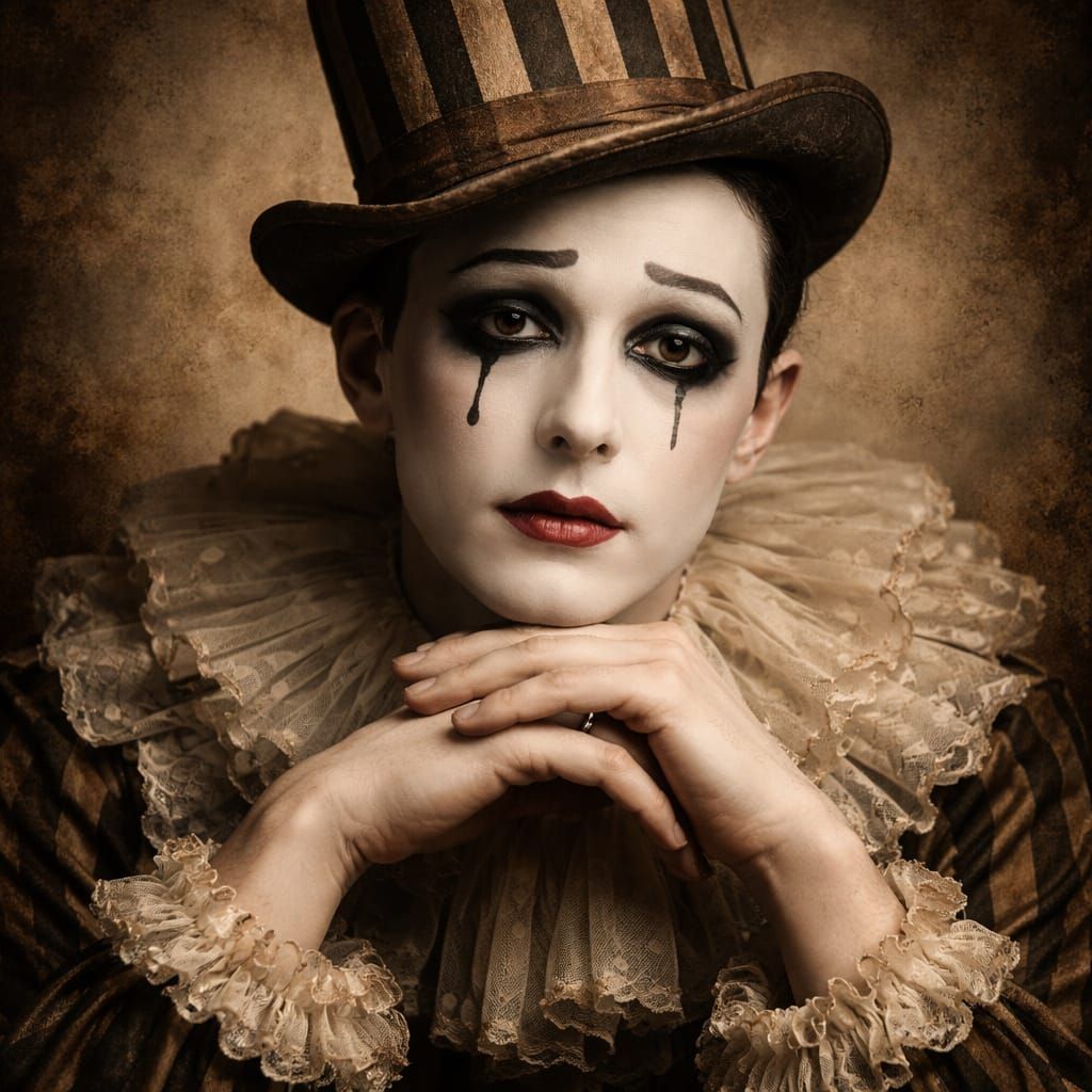 Vintage Pierrot Clown Portrait with Dramatic Makeup