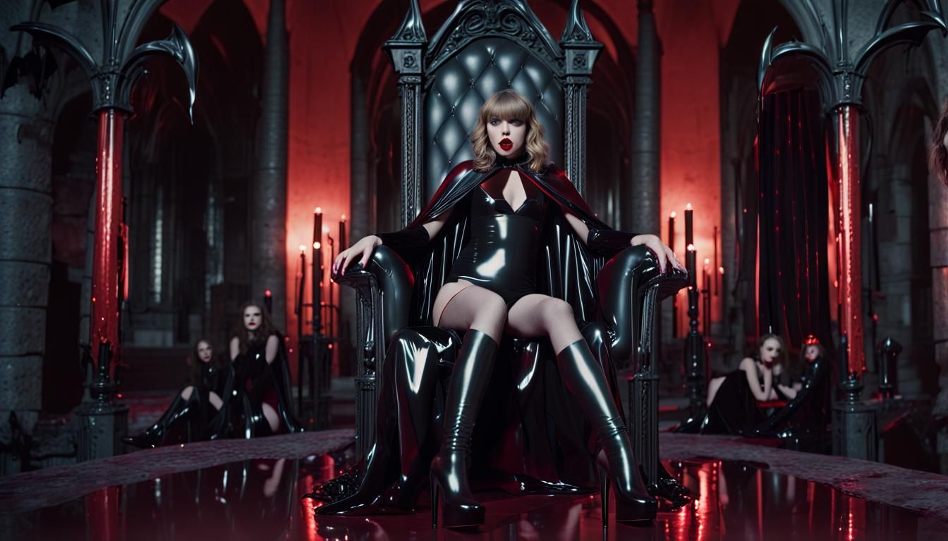 Latex Vampire Queen on Throne: Cinematic Film Still