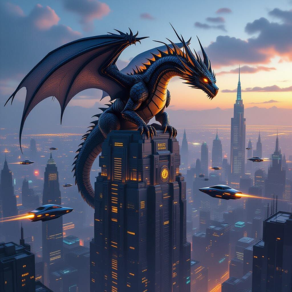 Ancient Dragon on Neon Skyscraper in Cyberpunk City