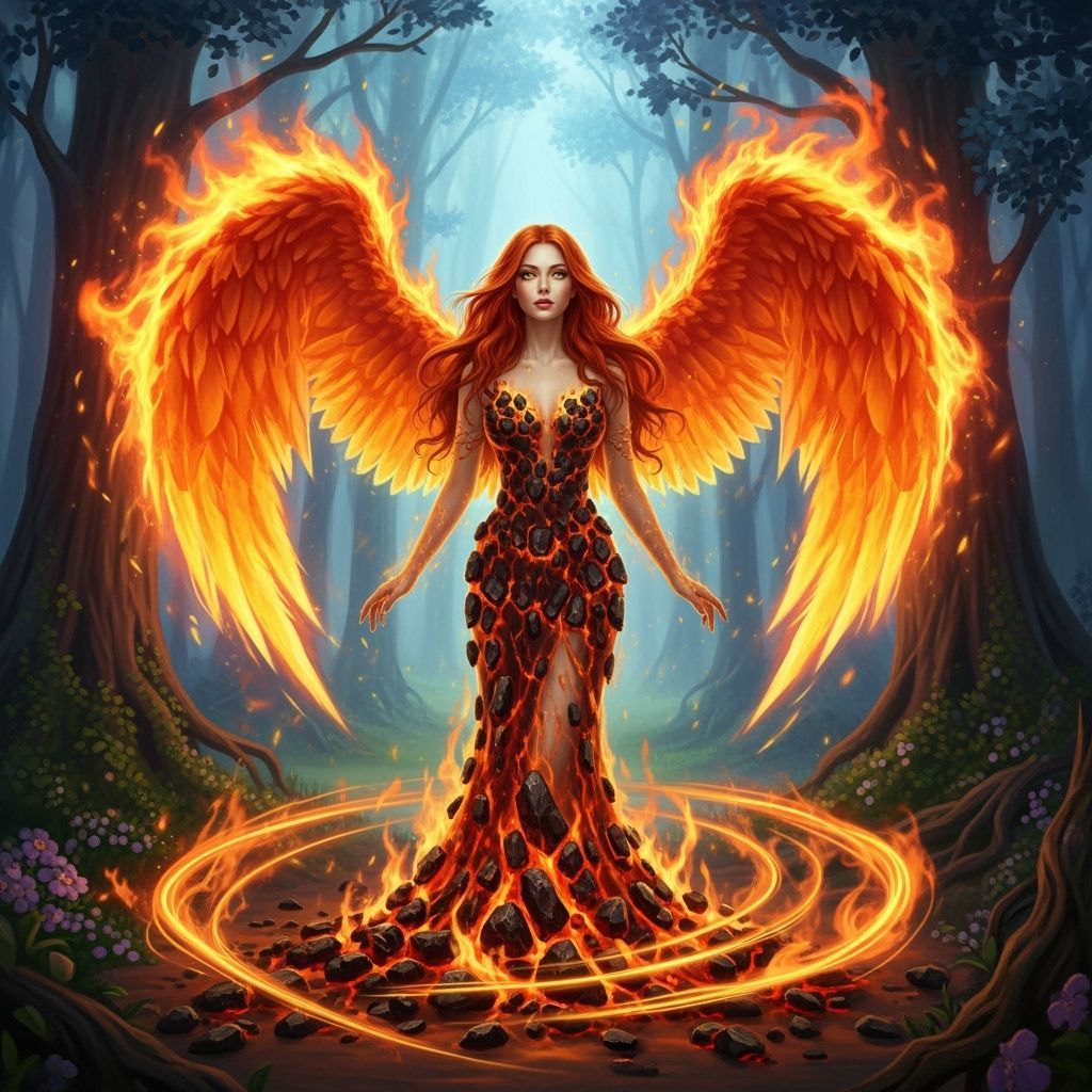 Redhead Woman with Phoenix Wings in Fantasy Forest