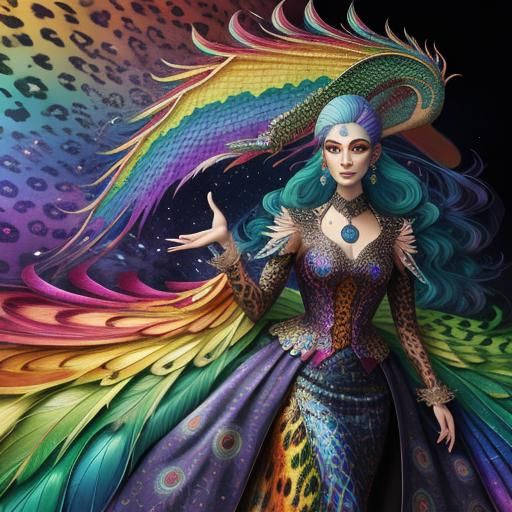 Rainbow Dragon Woman: Cosmic Mixed Media Portrait