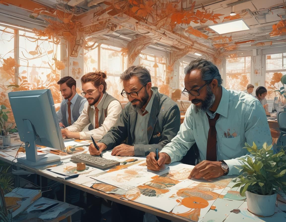 Happy Office Workers in Digital Painting Style