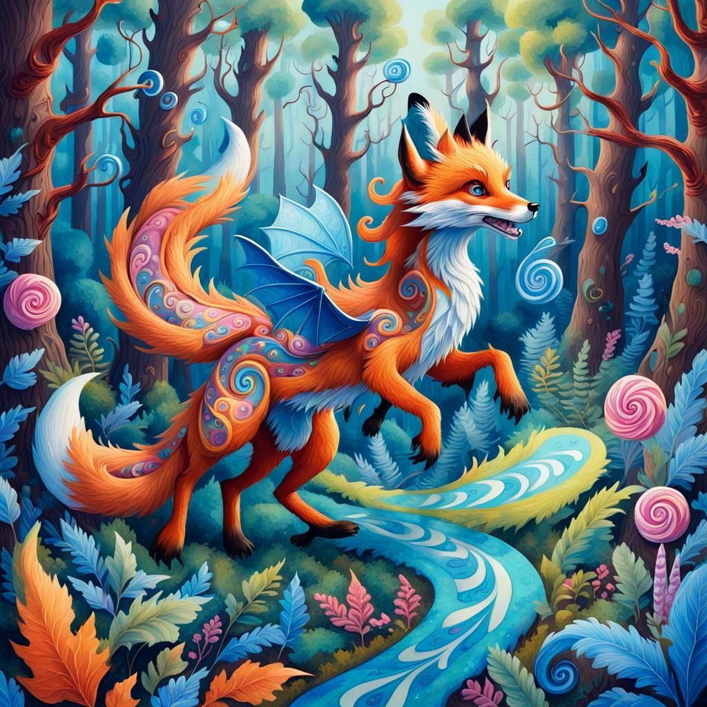 Blue Fox Dragon Flies Through Candyland Forest