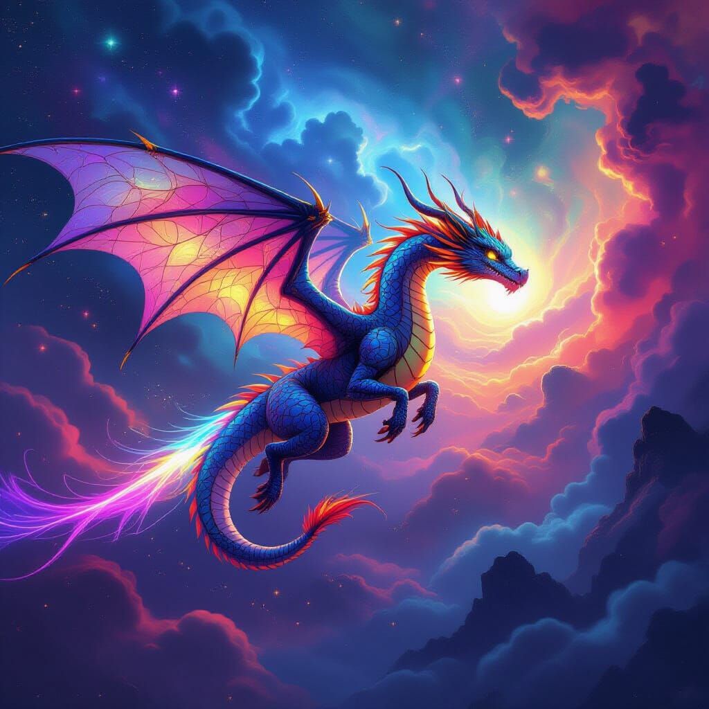 Stained Glass Dragon Soaring Through Nebula