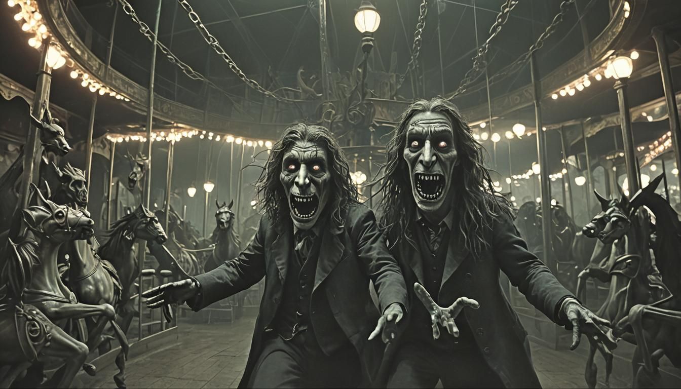 Terrified Man Escaping Haunted Gothic Amusement Park