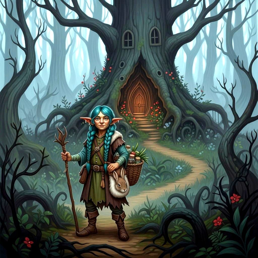 Goblin Herbalist in Misty Forest: Dark Fantasy Art