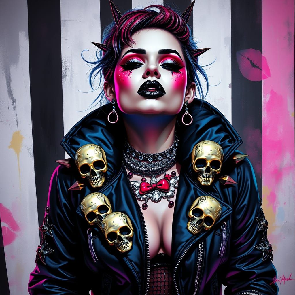 Punk Pop Glamazon, Dark glitter lips, rhinestone tears, and an edgy pop art jacket with skull motifs and shiny spikes. S...