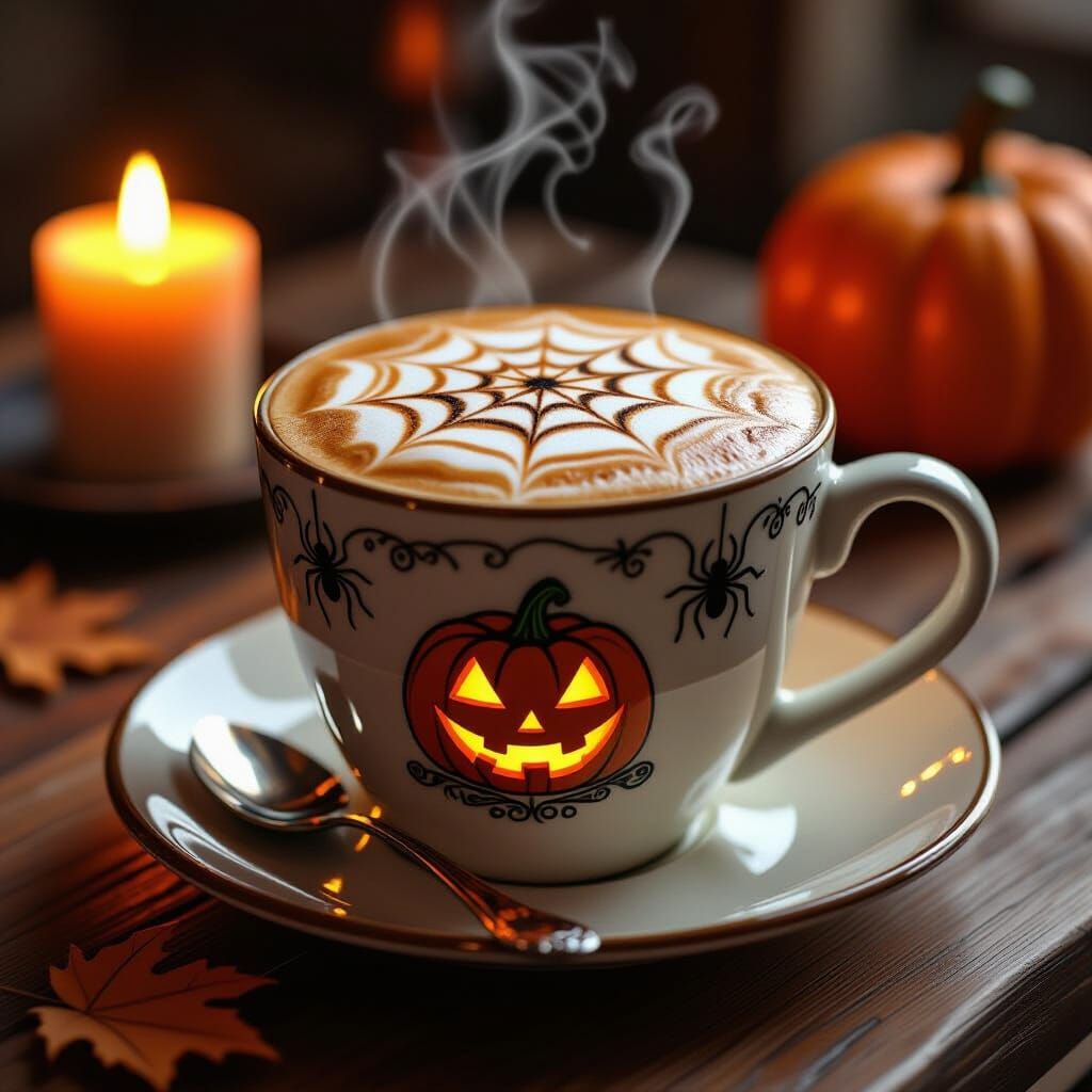 Cozy Halloween Latte Art with Pumpkin and Spiderweb Designs