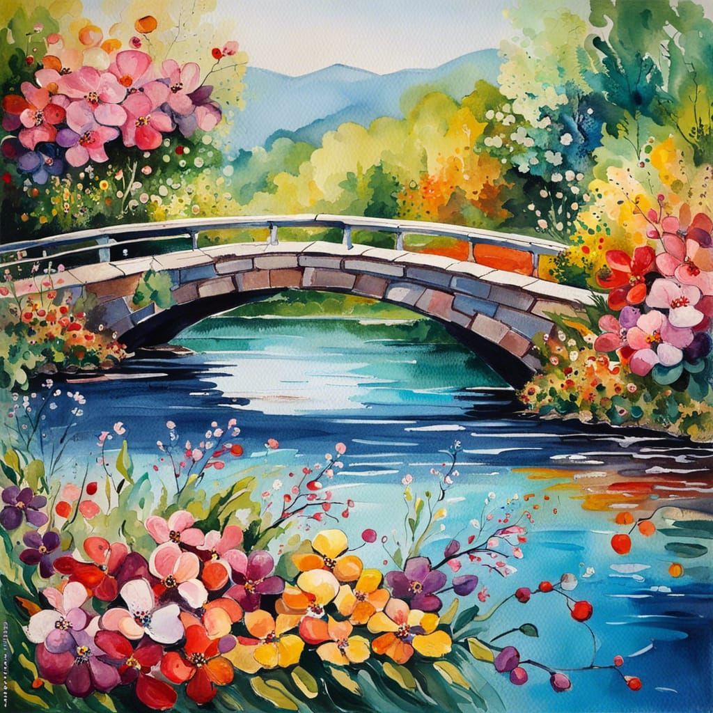Floral Bridge over Blue River: Watercolor Gouache