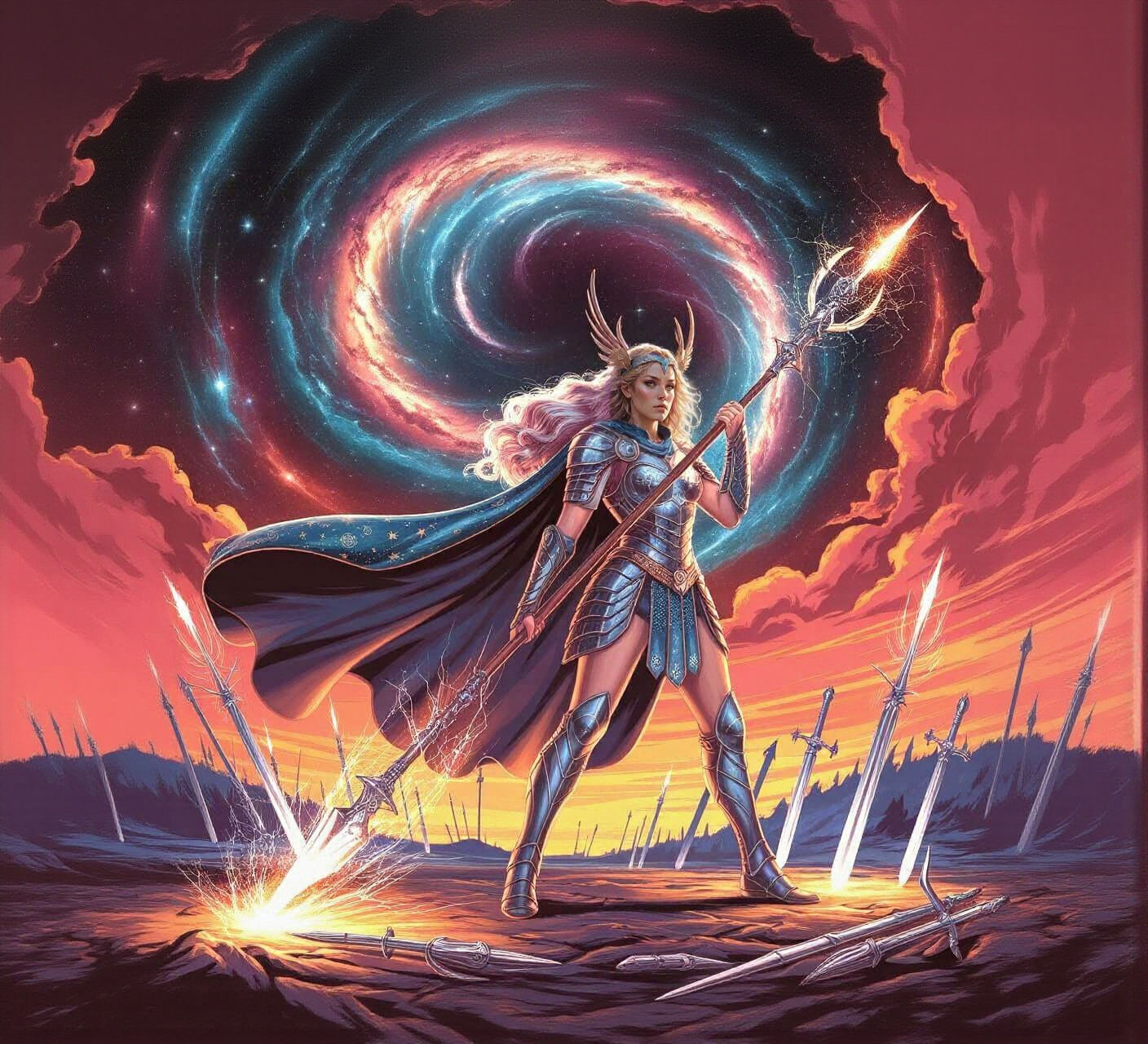 Valkyrie Warrior on Battlefield in Art Nouveau Style