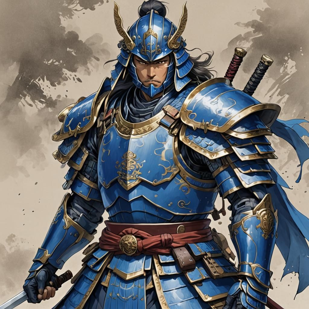 Blue Armored Samurai in Anime Style