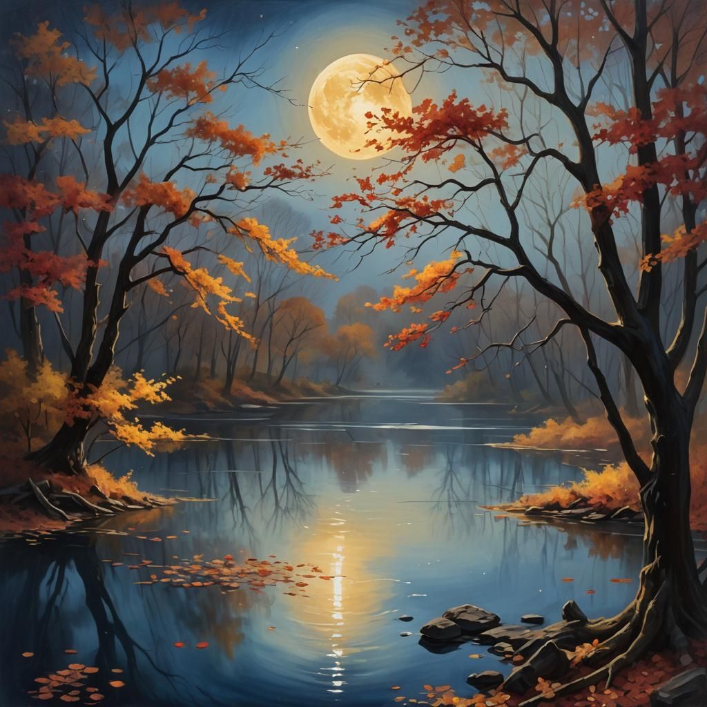 Serene Lake Under Golden Moonlight