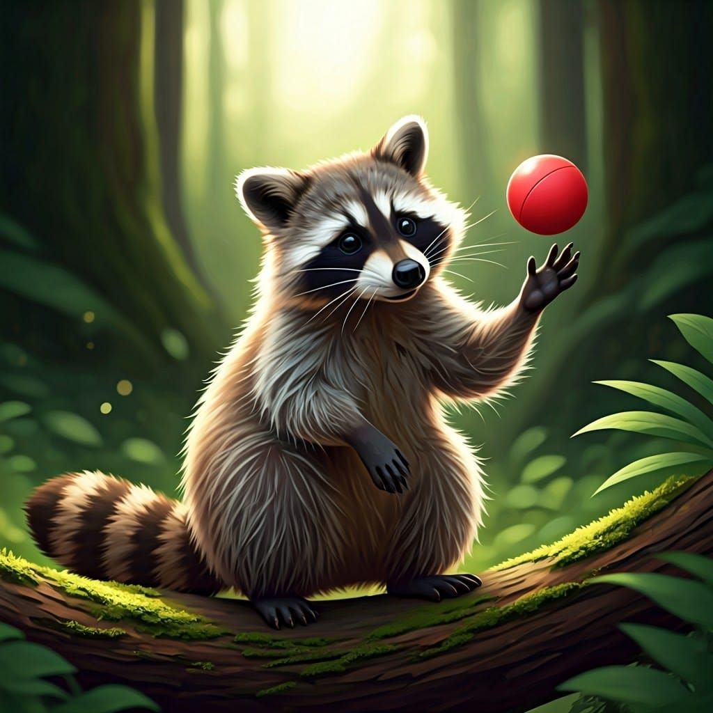 Raccoon's Joyful Playtime in Vibrant Forest Setting