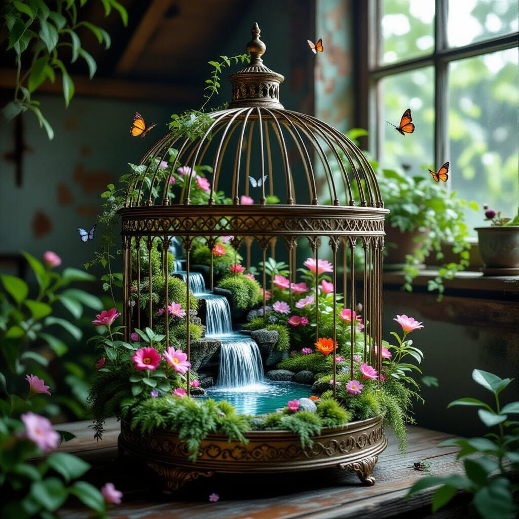 Lush Miniature Garden in Vintage Birdcage