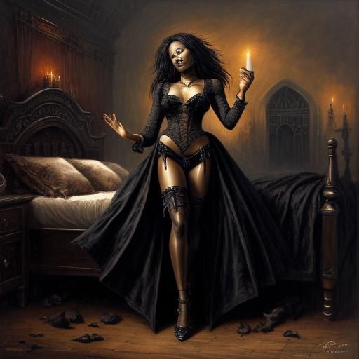 Sensual Gothic Oil Painting of a Woman in Bed