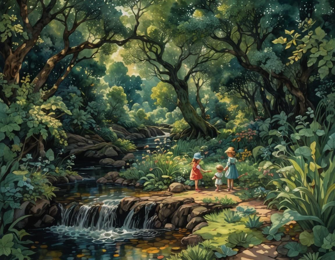 Whimsical Watercolor Children Playing by River