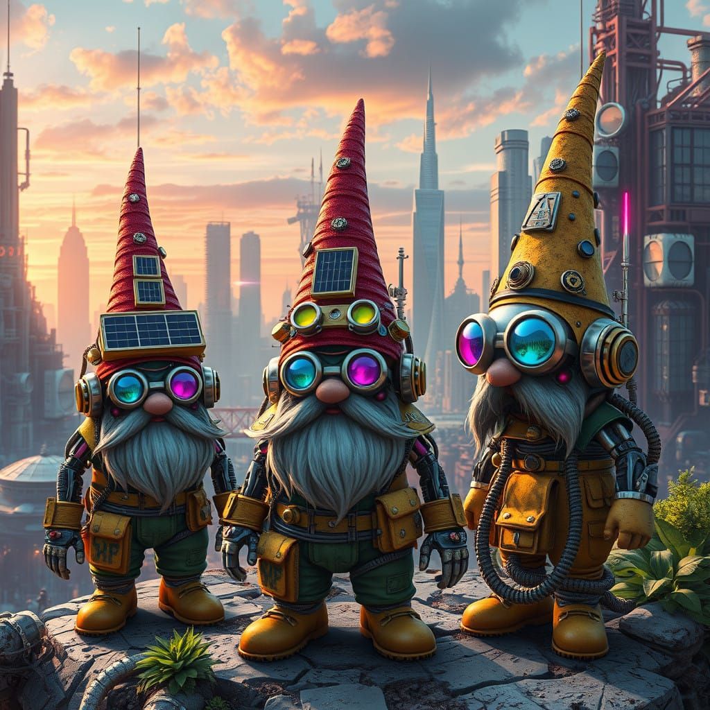 Neo-Futuristic Gnomes Harness Eco-Power in Solarpunk City