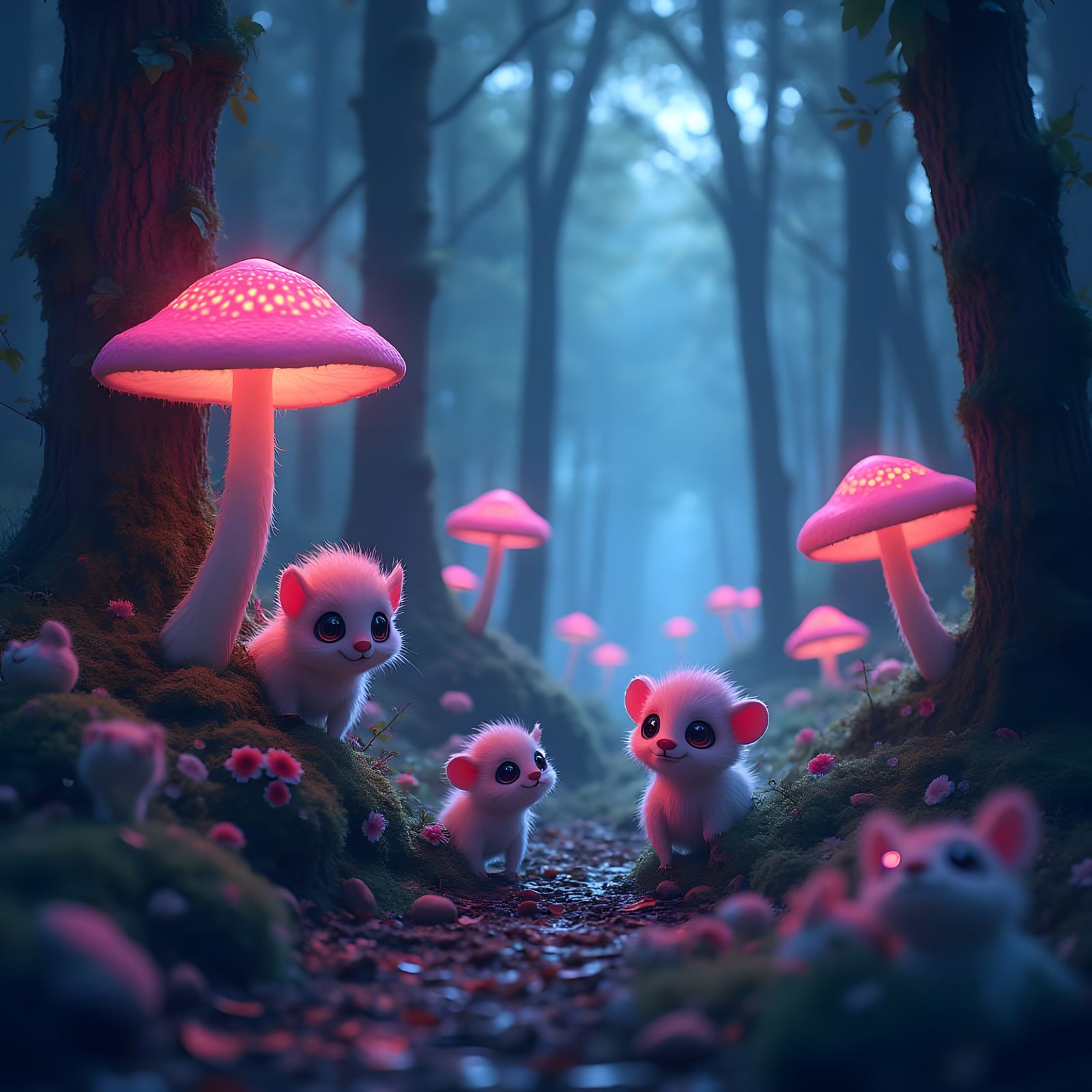 Synthwave Neon Woodland Creatures at Play