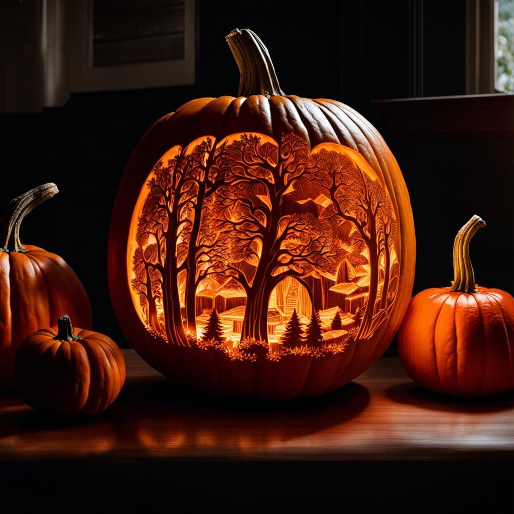 Hyperdetailed Double Exposure Pumpkin Carving in 8k