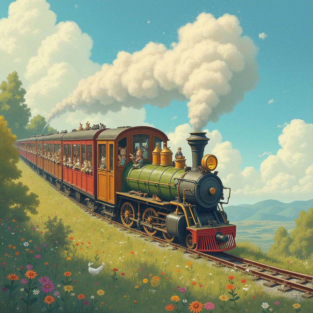 Dreamlike Cloud Train with Animals in Storybook Style