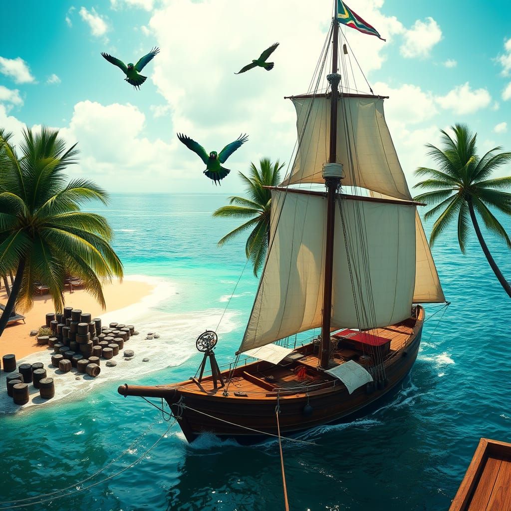 Portuguese Caravel Explores Tropical Coastline