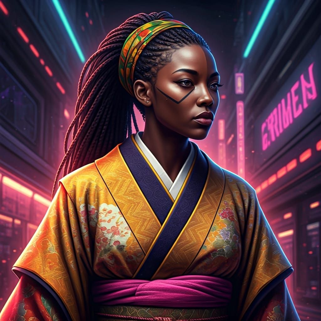 Futuristic Supermodel in Kimono and Kente Headwrap