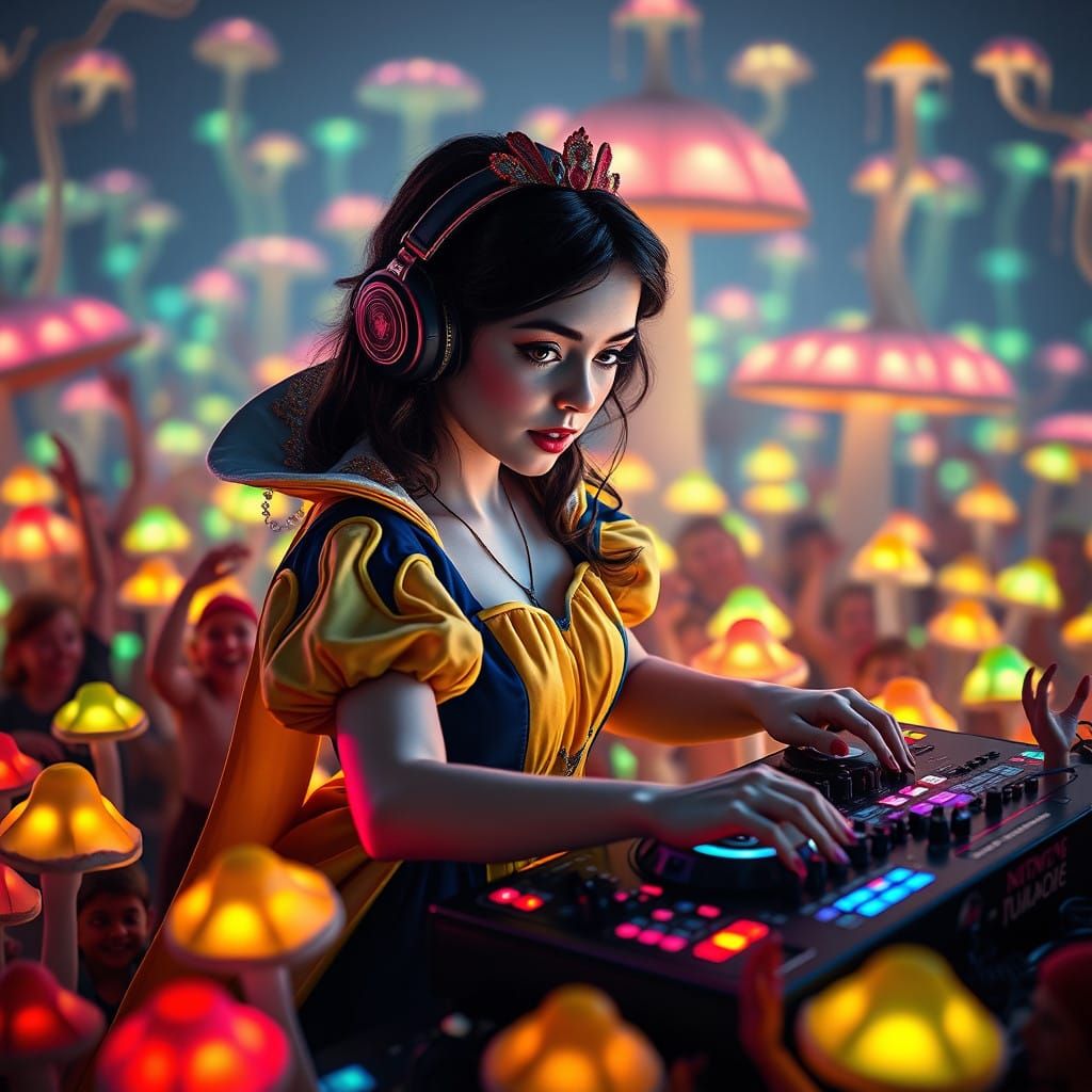 Whimsical Raver Princess in a Field of Glowing Mushrooms