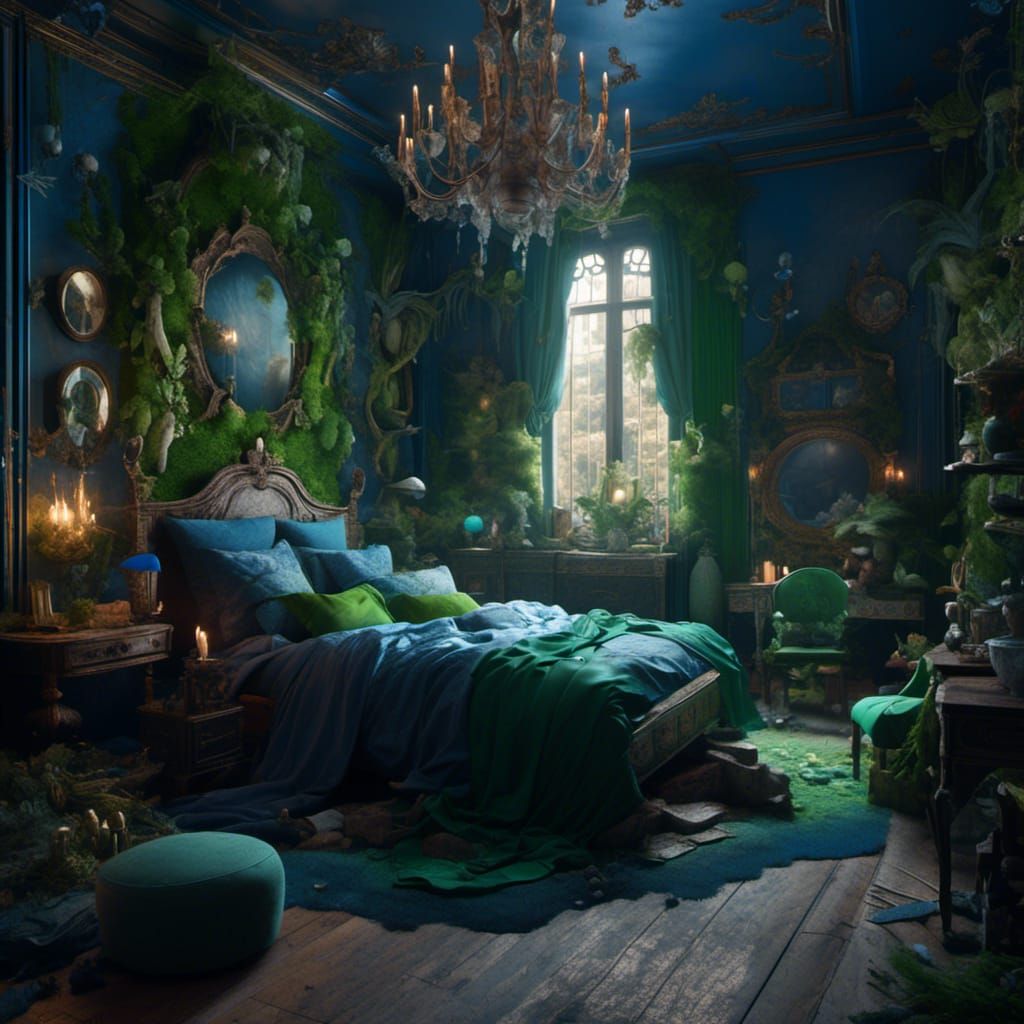 Blue and Green Bedroom in Detailed Matte Painting Style