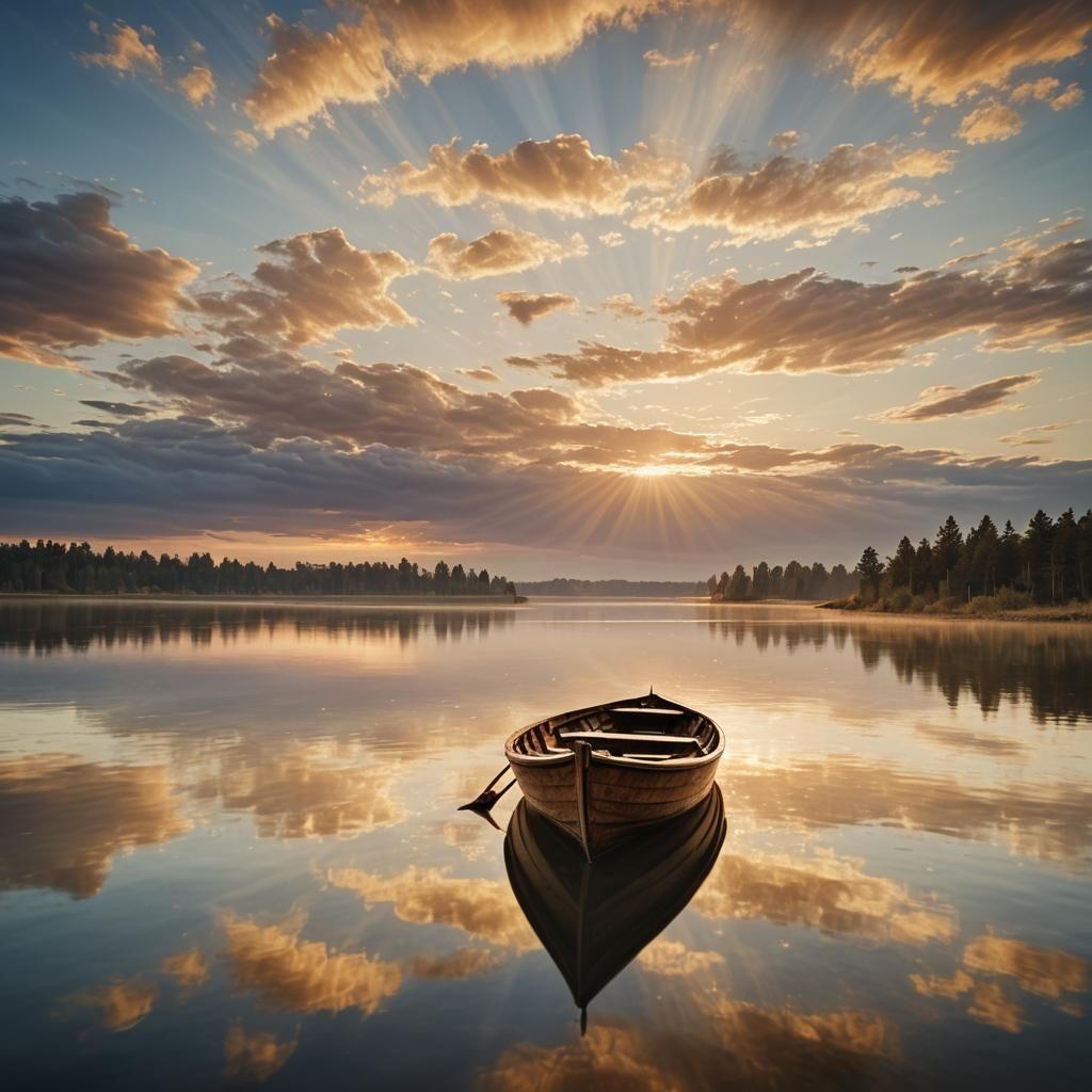 Souls Sailing Serene Lake in Surreal Light