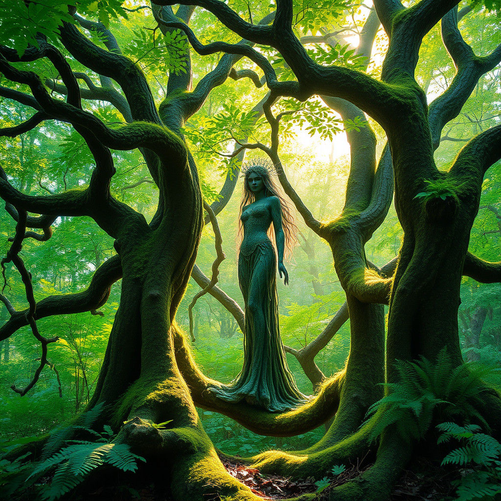 Mystical Dryad in Lush Forest, Impressionistic Style