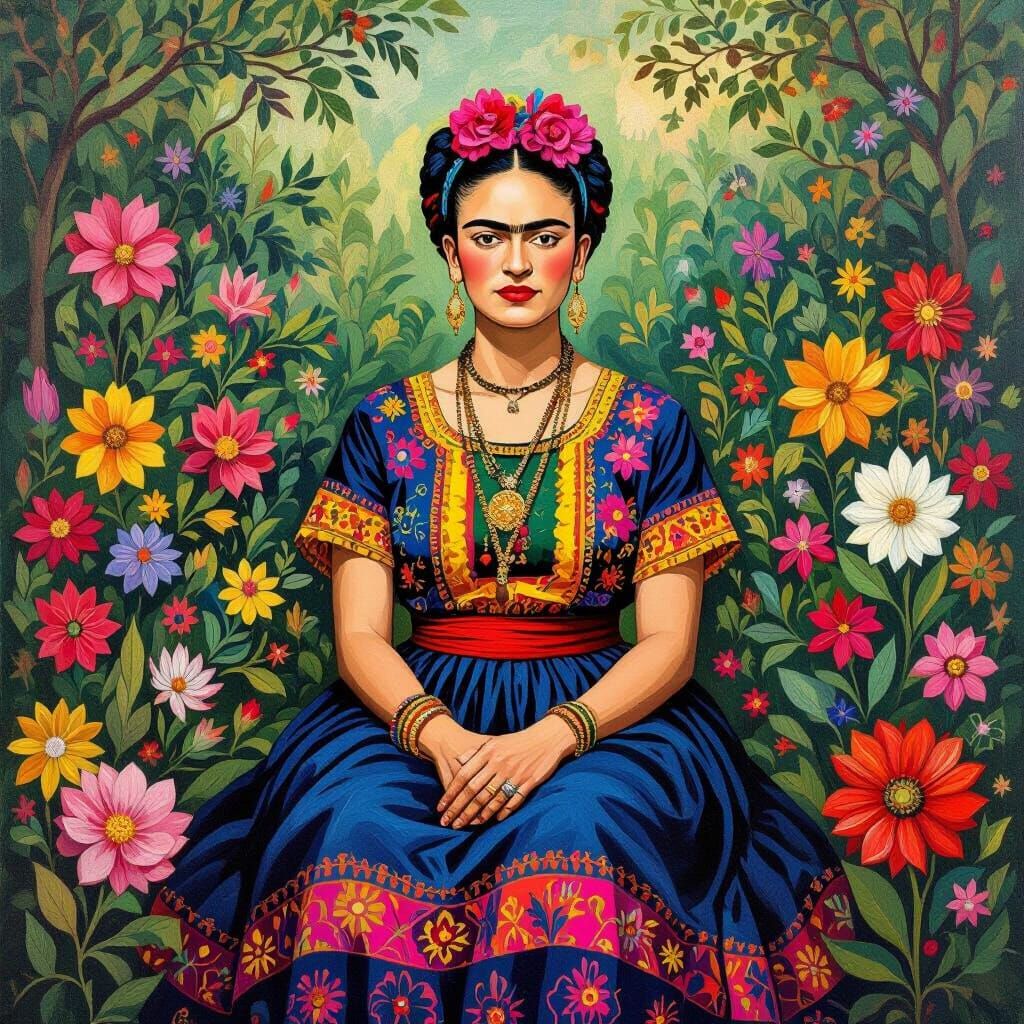 Mexican Woman in Garden, in Frida Kahlo Style