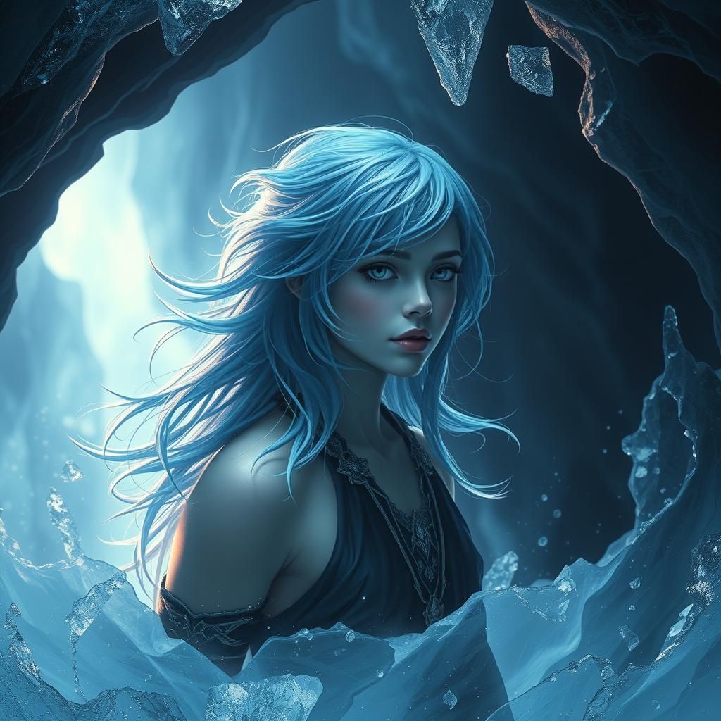 Icy Haired Girl in Ice Cave, Fantasy Concept Art