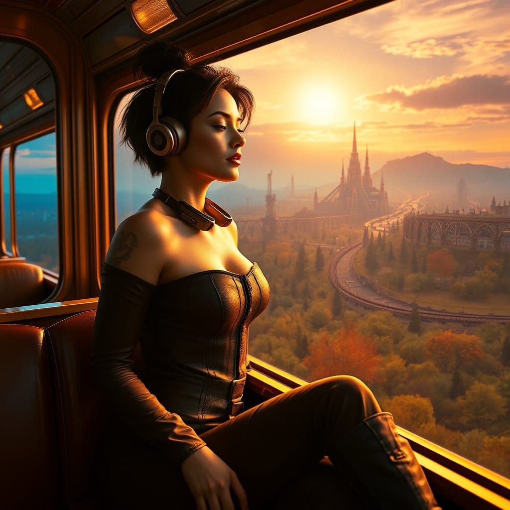 Steampunk Woman in Rapturous Train Coach Scene