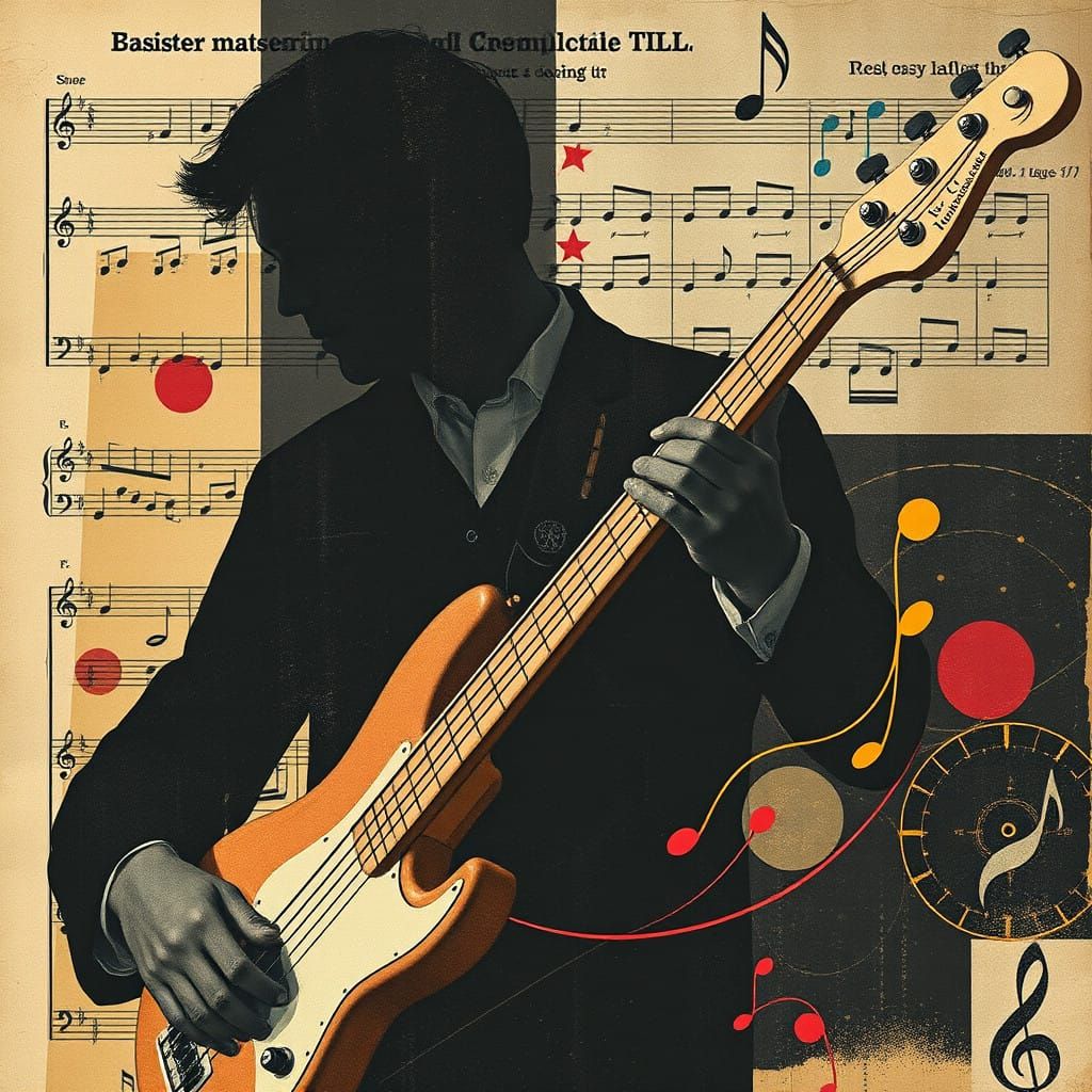 Moody Constructivist Bassist in Vintage Music Sheet Collage