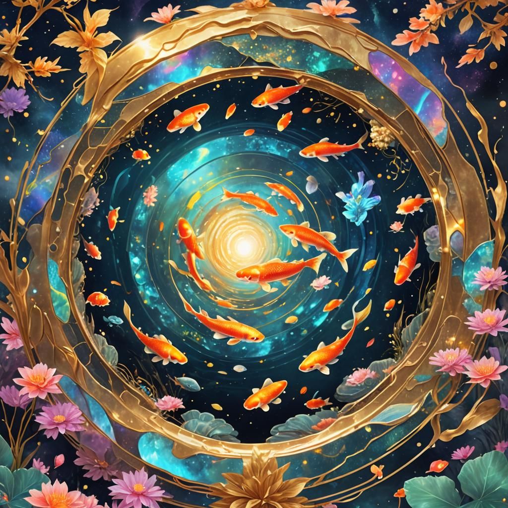 Golden Cosmic Portal to Koi Fish Pond